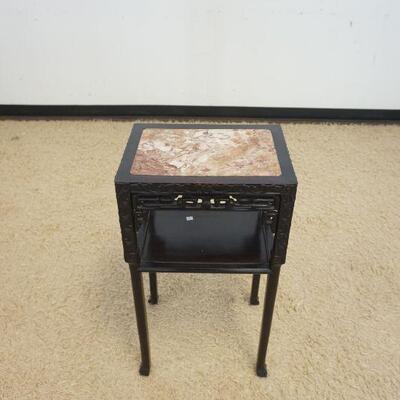 1044	ANTIQUE BROWN MARBLE INSET CARVED STAND, APPROXIMATELY 17 IN X 12 IN X 32 IN HIGH
