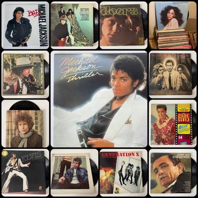 Large assortment of vinyl records including Michael Jackson, Rolling Stones, Johnny Cash, Bob Dylan, Elvis Presley, etc.