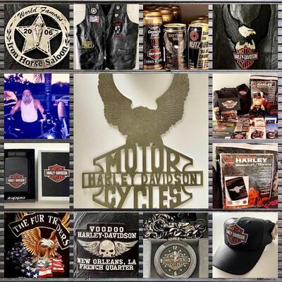 Harley Davidson related paraphenalia including motorcycle jackets, Harley watches, shirts, hats, brand new blankets, etc