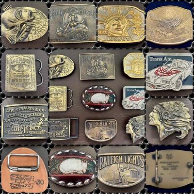 Vintage belt buckles including Levi, TransAm, Jack Daniels, Annheuser Busch, etc