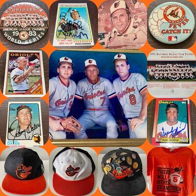 Large amount of Baltimore Orioles memorabilia including ball caps, cards, autographed photos, etc