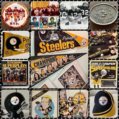 Huge amount of Pittsburgh Steelers memorabilia including posters, jerseys, lamps, autographed photos, cards, etc