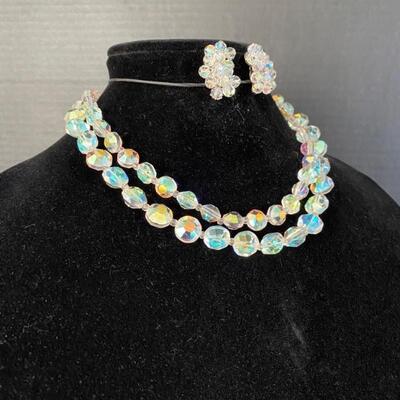 Vintage Lisner Clear Aurora Borealis Crystal Necklace & Earring Set- Shipping Available