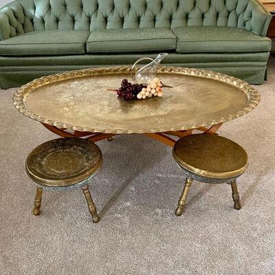 Mid Century Moroccan Brass Oval Table W/Stool
