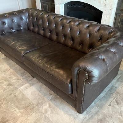 Brown Leather Chesterfield Sofa w/ 3 Throw Pillows