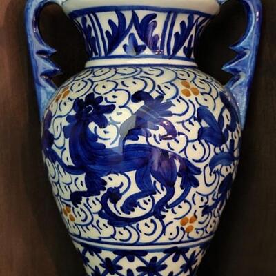 Spanish Pottery Blue & White Handled Dragon Vase