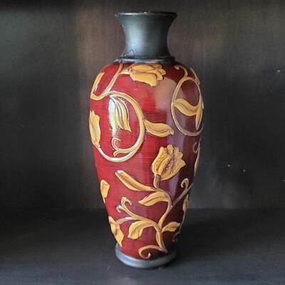 Ceramic Red & Gold Leaf, Vine, & Flower 12in Vase