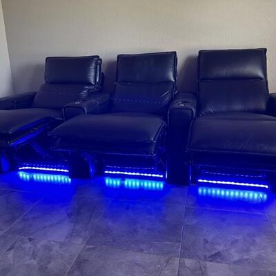 (3) Leather Modular Media Room Seating Recliners with dramatic LED special effect lighting, Zero Gravity Recliners - 3pc set
