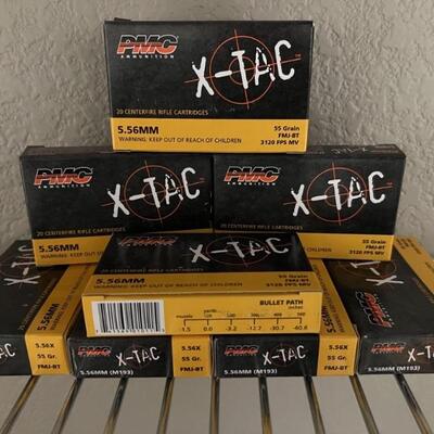 8 Boxes of PMC X-Tac Ammo: 20 Centerfire Rifle Cartridges, 55 Grain, FMJ-BT, 3120 FPS MV