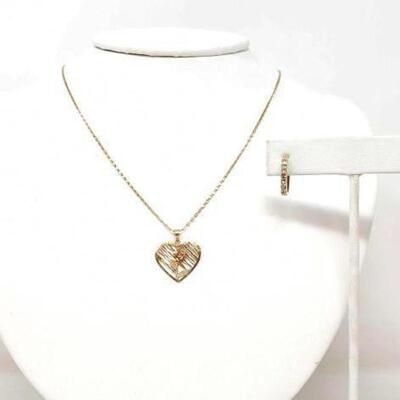 #860 • 14k Gold Chain with Heart Rose Pendant and Hoop Earrings, 4.3g