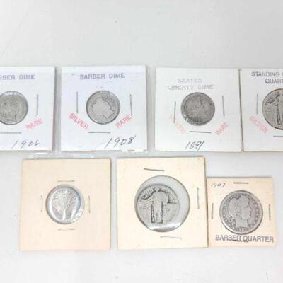 #1202 • (7) U.S. Coins: Includes Silver Rare 1906 & 1908 Barber Dime, 1891 Seated Liberty Dime, 1927 Standing Liberty Quarter, 1841...