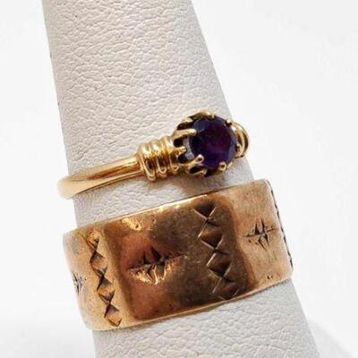 #864 • 14K Gold Amethyst Ring and Band, 5g. Weighs  Weighs Approx : 6.3g Measures Aprrox : 16.5 inches. Approx: 5g
Ring Sizes: 5.5 and 7.5. 