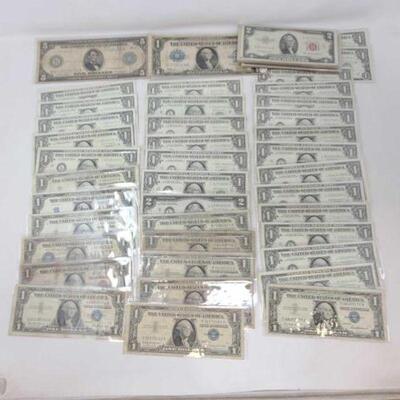 #1320 • (55) 1914-1976 Bank Certificates: Includes (25) $1 Federal Reserve Notes, (3) $2 Federal Reserve Notes, (17) $1 Silver...