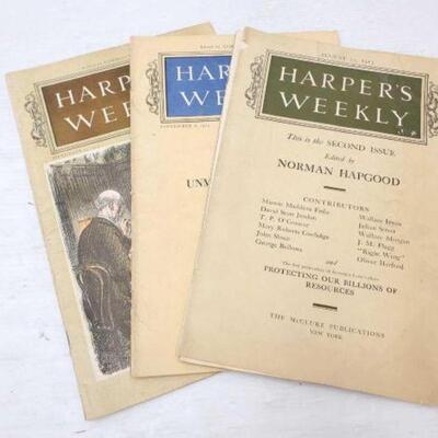 #1426 â€¢ 3 Antique Harper's Weekly Magazines: Includes August 23rd, 1913, September 6, 1913, and September 13, 1913 Issues. 