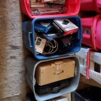 #9510 â€¢ 4 Totes Of Computer Parts, Phones, Cords, HDMI Splitter, And More