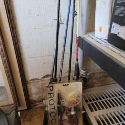 #9002 â€¢ Fishing Poles And Tackle 5 Fishing Poles And 3 Tackle Boxes.