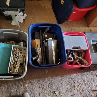 #9508 â€¢ 3 Totes Of Tools, And Plastic Tool Box