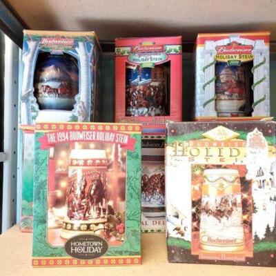 #3050 â€¢ 8 Budweiser Holiday Edition Beer Steins in Original Boxes

