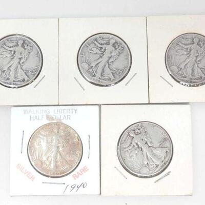 #1200 • (5) 1940-1943 Walking Liberty Half Dollars 
