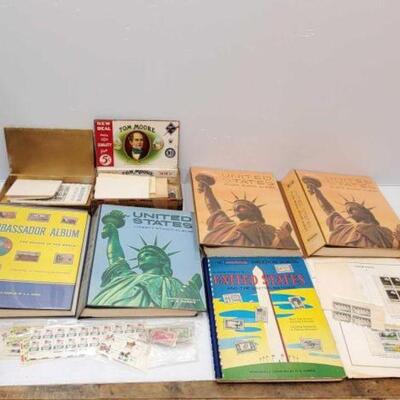 #1380 • 5 Stamp Albums, Stamps, and More: Includes Ambassador Album, Liberty Stamp Album, The Harris Freedom Album, and Plate Block Albums. 
