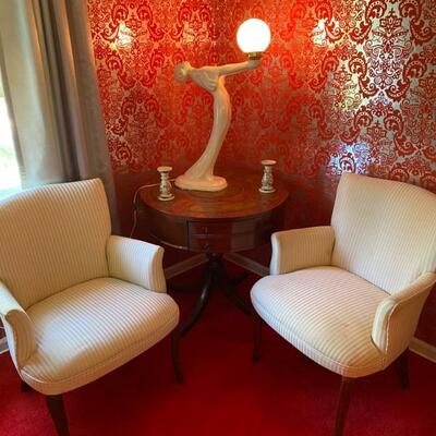 Mid Century White Ribbed Wing Back Chairs, Vintage Mahogany Red Leather Drum Table