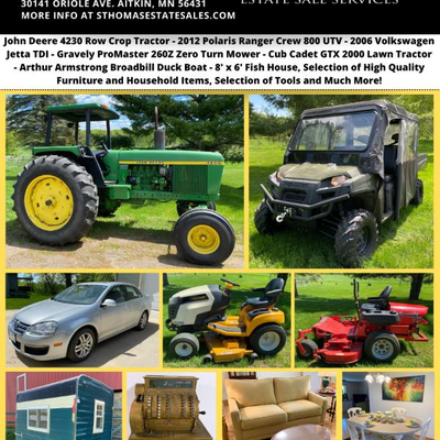 Featured Items:
•	1976 John Deere 4230 - Row Crop Tractor Generation II Series 6.6L 6-cyl diesel
•	2012 Polaris Ranger Crew 800 UTV
•...