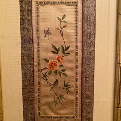 1960's Vintage Framed and Matted Chinese Silk Embroidered Panels Series of 3
