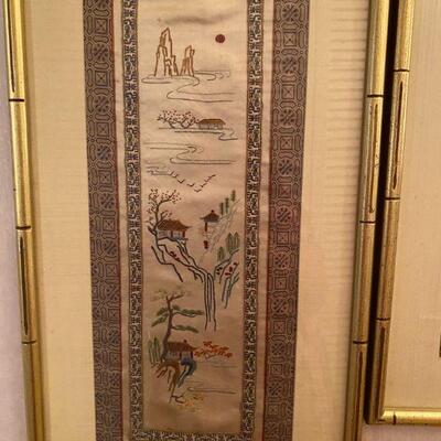 1960's Vintage Framed and Matted Chinese Silk Embroidered Panels Series of 3
