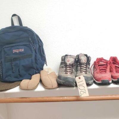 #1108 • Footwear and Outerwear:Includes: (2) Pairs of Shoes, (1) Pair of House Slippers, (1) Backpack. (1) Hat
