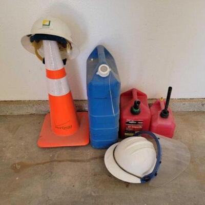 #1002 • Traffic Cone, 2 Gas Cans, 2 Hard Hats, And Water Jugs