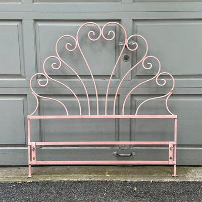 WROUGHT IRON BED FRAME | Pink scrollwork iron headboard; h. 41 x 39 in.