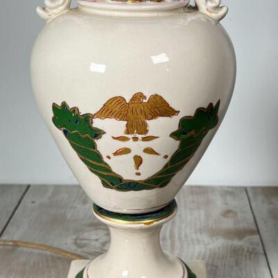 ANTIQUE PAINTED LAMP | Decorated with eagle and cornucopia; h. 28 [wired with non-US plug]