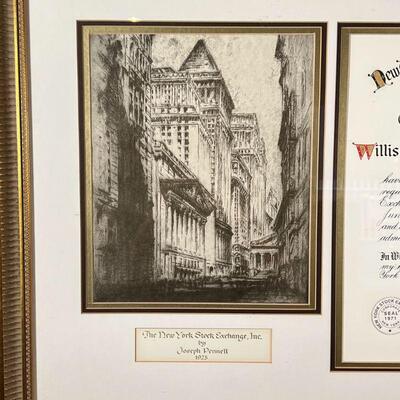 JOSEPH PENNELL ENGRAVING | Framed with a Stock Exchange Certificate; overall 22 x 28 in. (framed)