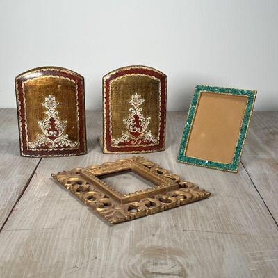(4pc) GILT DECORATIVE ITEMS | Including a pair of fancy bookends painted with acanthus decoration, a gilt carved miniature picture frame...