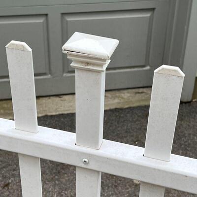 WHITE PICKET FENCE SECTION | Plastic with metal base missing one cap, h. 42 x 92 in.