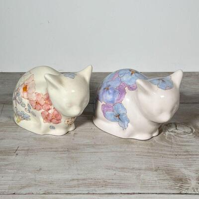 (4pc) MISC. CAT FIGURES | Including a paper mache weighted cat, an Italian faience cat, and a pair of floral decorated ceramic cats;...