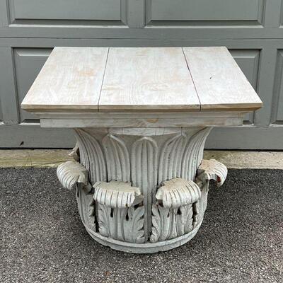 CORINTHEAN COLUMN CAPITAL | Fashioned as a low table with a whitewashed wood board top; h. 24 x 27 x 27 in.