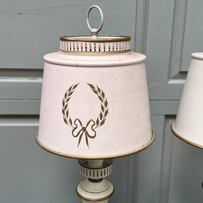 PAIR of TOLE LAMPS | Pink with gold decorations; h. 22 in. [one faded]