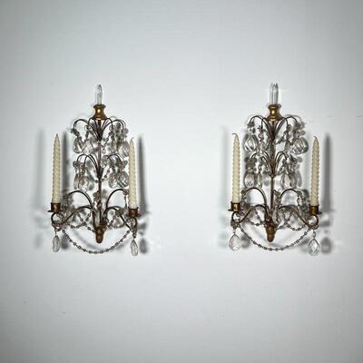 PAIR of WALL SCONCES | Cut crystal and glass; h. 18 x 11 x 6 in.