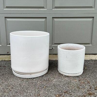 (2pc) WHITE CONTEMPORARY GLAZED PLANTERS | With conforming underplates; h. 16 x 16 in. & h. 11 x 11 in.