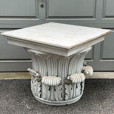 CORINTHEAN COLUMN CAPITAL | Fashioned as a low table with a whitewashed wood board top; h. 24 x 27 x 27 in.