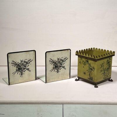 (3pc) TOLEWARE DECOR | Including a footed tole planter (h. 5-1/2 in.) and a pair of bookends