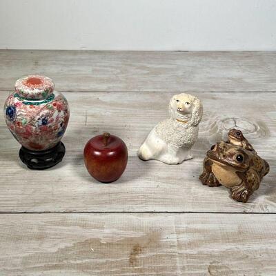 (4pc) MISC. DECORATIVE ITEMS | Including a Staffordshire dog, carved wooden apple, ceramic frogs, miniature lidded jar (h. 4-1/2 in.)