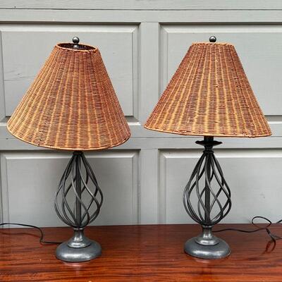 PAIR METAL LAMPS WITH WICKER SHADES | h. 28 x 16 in. [one shade separated at top]
