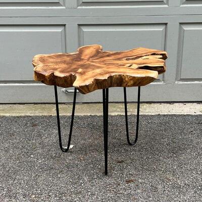 NAKASHIMA STYLE SIDE TABLE  | Modern low table designed as 2.5 inch amorphous wood top on three hairpin legs; h. 19 x 25 x 24 in.