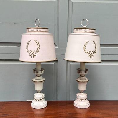 PAIR of TOLE LAMPS | Pink with gold decorations; h. 22 in. [one faded]