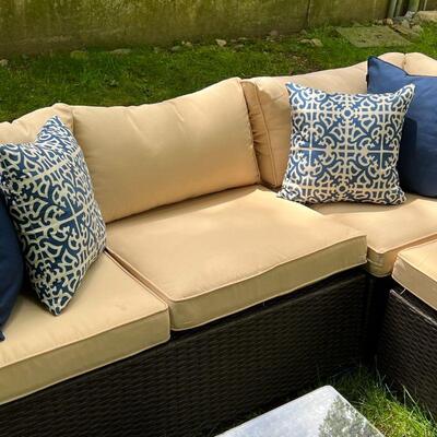 5-PIECE OUTDOOR SECTIONAL | Complete with tan cushions and throw pillows, very good condition but missing bolts, some assembly required;...