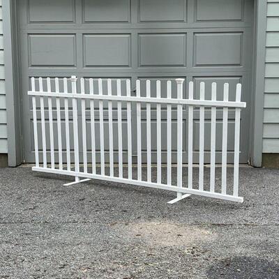 WHITE PICKET FENCE SECTION | Plastic with metal base missing one cap, h. 42 x 92 in.