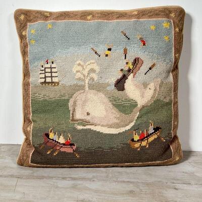 (4pc) NEEDLEPOINT PILLOWS | Various scenes, including a whale, a cat, and a townscape; largest 15 x 15 in.