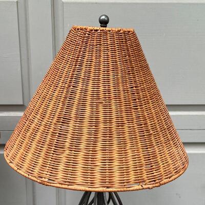 PAIR METAL LAMPS WITH WICKER SHADES | h. 28 x 16 in. [one shade separated at top]
